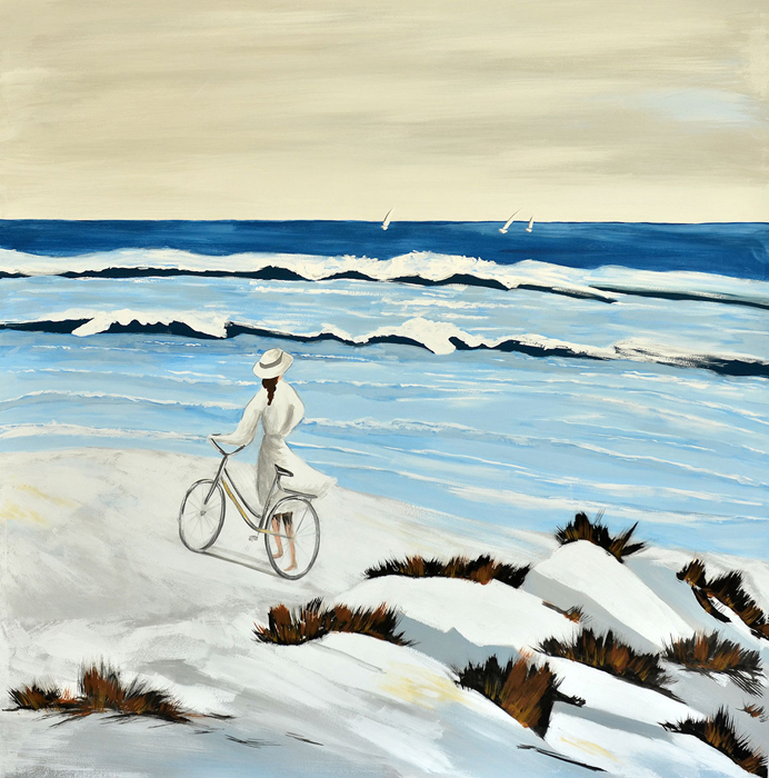 cuadro chica con bicicleta en la playa (b154)