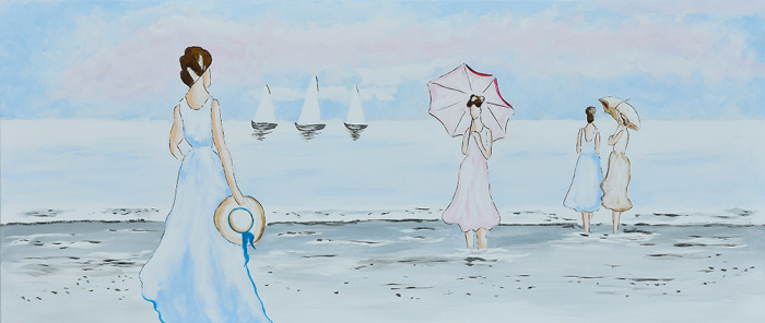 Cuadro paisaje playa con chicas en la orilla (b50)